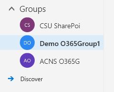 Screencap of GUI inside the O365 portal, depicting the Groups section with three subheadings, then the Discover link below